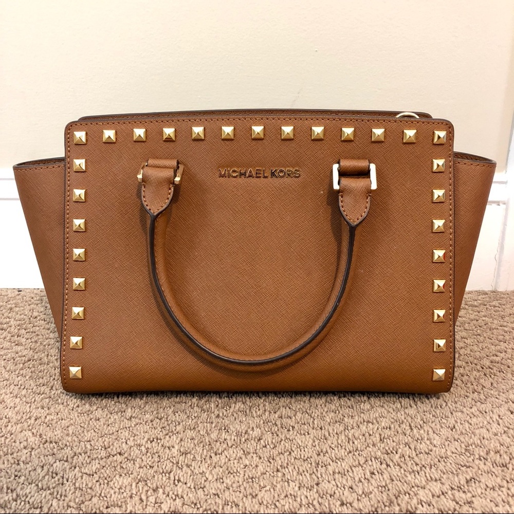 Cognac gold studded Michael Kors handbag